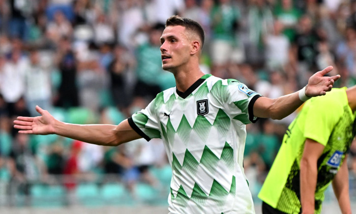 Ljubljana, Slovenia, 25th 2024: Raul Florucz of Olimpija Ljubljana (L) celebrate score during the UEFA Europa Conference