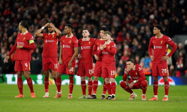 Liverpool's Darwin Nunez (second right) and team-mates react during the penalty shoot-out during the UEFA Champions League round of sixteen second leg match at Anfield, Liverpool. Picture date: Tuesday March 11, 2025.