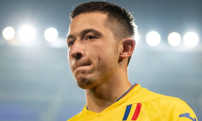 Ploiesti, Romania. 17th Nov, 2020. Olimpiu Morutan #9 of Romania celebrating the qualification to the European Under-21 Championship 2021 Qualifying Round match between the national teams of Romania and Denmark at "Ilie Oana" Stadium in Ploiesti, Romania.