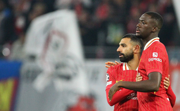 Mohamed Salah - Ibrahima Konate. ,RB Leipzig-Liverpool, Uefa Champions League , Fußball , in der Red Bull Arena , Leipzi
