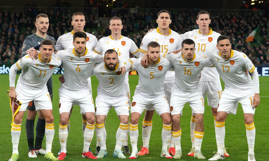 (left to right, back to front) Bulgaria goalkeeper Plamen Iliev, Valentin Antov, Anton Nedyalkov, Simeon Petrov, Bozhidar Kraev, Kiril Despodov, Ilia Gruev, Nikolay Minkov, Fabian Nurnberger, Marin Petkov and Georgi Milanov before the UEFA Nations League