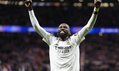 Antonio Rudiger of Real Madrid celebrates the victory in the penalty shootout during the UEFA Champions League, Round of 16, 2nd leg football match between Atletico de Madrid and Real Madrid CF on 12 March 2025 at Riyadh Air Metropolitano stadium in Madri