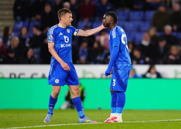 Leicester City's Jamie Vardy with Jeremy Monga during the Premier League match at the King Power Stadium, Leicester. Picture date: Monday April 7, 2025.