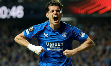 Rangers' Ianis Hagi celebrates a tackle during the UEFA Europa League quarter-final, first leg match at Ibrox Stadium, Glasgow. Picture date: Thursday April 10, 2025.
