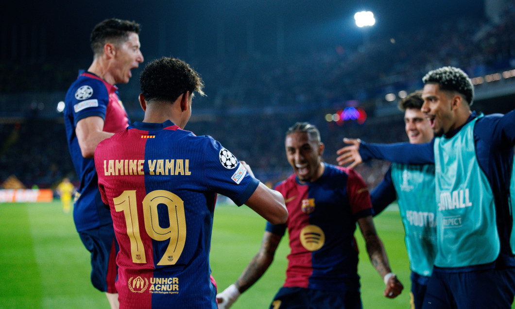 Barcelona, Spain. 9th Apr, 2025. Lamine Yamal celebrates after scoring a goal during the UEFA Champions League match between FC Barcelona and Borussia Dortmund at the Estadi Olimpic Lluis Companys. Credit: Christian Bertrand/Alamy Live News