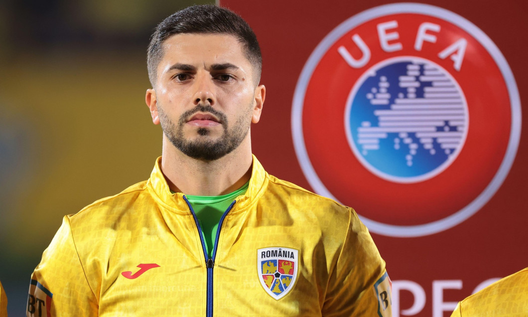 Serravalle, Italy. 24th Mar, 2025. Horatiu Moldovan of Romania looks on during the line up prior to kick off in the UEFA European Championship Qualifying match at San Marino Stadium, Serravalle. Picture credit should read: Jonathan Moscrop/Sportimage Cred