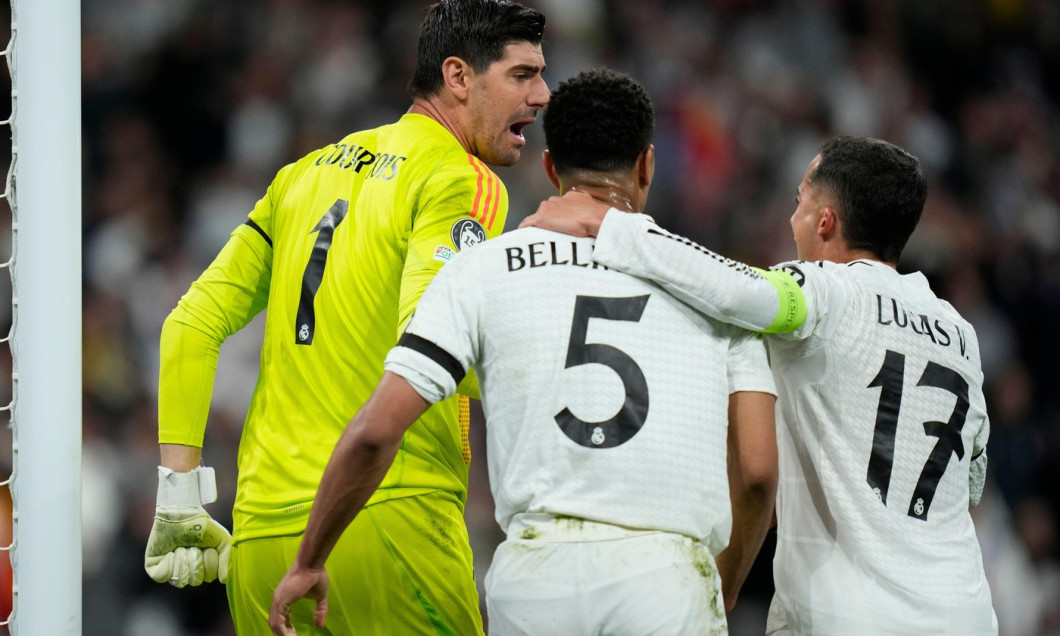 Madrid, Spain. 16th Apr, 2025. Thibaut Courtois of Real Madrid CF during the UEFA Champions League match, Quarter-finals, second leg, between Real Madrid and Arsenal FC played at Santiago Bernabeu Stadium on April 16, 2025 in Madrid Spain. (Photo by Cesar
