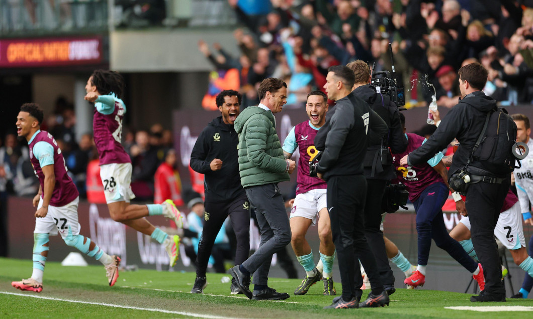 Burnley, England, 21st April 2025. Scott Parker manager of Burnley celebrates promotion during the Burnley vs Sheffield United Sky Bet Championship match at Turf Moor, Burnley. Picture credit should read: Simon Bellis / Sportimage