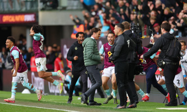 Burnley, England, 21st April 2025. Scott Parker manager of Burnley celebrates promotion during the Burnley vs Sheffield United Sky Bet Championship match at Turf Moor, Burnley. Picture credit should read: Simon Bellis / Sportimage