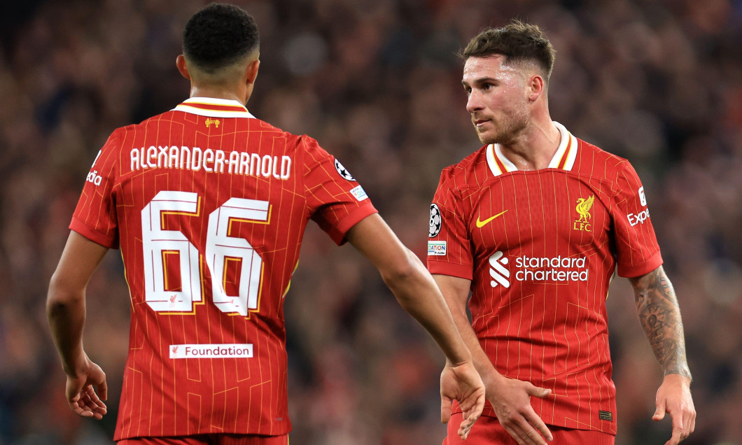 Liverpool, UK. 2nd Oct, 2024. Alexis Mac Allister of Liverpool speaks to teammate Trent Alexander-Arnold (obscured) during the UEFA Champions League match at Anfield, Liverpool. Picture credit should read: Jessica Hornby/Sportimage Credit: Sportimage Ltd/