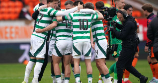 Celtic players celebrate victory in the William Hill Premiership following the William Hill Premiership match at Tannadice Park, Dundee. Picture date: Saturday April 26, 2025.