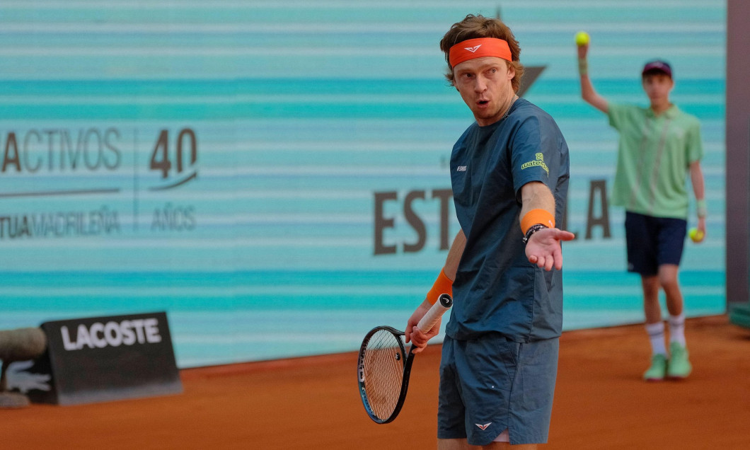 Madrid, Spain. 27th April, 2025. Tennis ATP: Mutua Madrid Open tennis ATP, Alexander Bublik (KAZ) Vs Andrey Rublev . Andrey Rublev. Credit: EnriquePSans/Alamy Live News