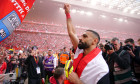 Liverpool's Mohamed Salah celebrates victory and the Premier League title following the Premier League match at Anfield, Liverpool. Picture date: Sunday April 27, 2025.