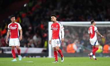 Arsenal's Ethan Nwaneri (centre) reacts following during the UEFA Champions League semi final, first leg match at the Emirates Stadium, London. Picture date: Tuesday April 29, 2025.