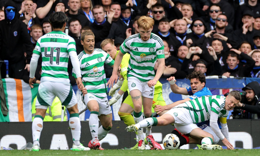 Celtic's Callum McGregor (right) challenges Rangers' Ianis Hagi during the William Hill Premiership match at Ibrox Stadium, Glasgow. Picture date: Sunday May 4, 2025.