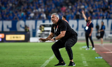 Head coach Cosmin Olaroiu of Jiangsu Suning shouts instructions to his players as they compete against Shanghai Greenland Shenhua in their 14th round match during the 2019 Chinese Football Association Super League (CSL) in Nanjing city, east China's Jiang