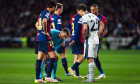 Barcelona, Spain, 30, April, 2025. Spain-Football-Champions League FC Barcelona v Inter Milan, Semifinal First Leg. Referee of the match Clement Turpin jokes with (24) Eric Garcia. Credit: Joan Gosa