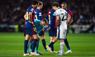 Barcelona, Spain, 30, April, 2025. Spain-Football-Champions League FC Barcelona v Inter Milan, Semifinal First Leg. Referee of the match Clement Turpin jokes with (24) Eric Garcia. Credit: Joan Gosa