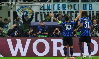 Lautaro Martinez of FC Internazionale celebrates after scoring a goal during UEFA Champions League 2024/25 Semi Final - 2nd leg football match between FC Internazionale and FC Barcelona at San Siro Stadium