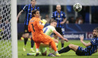 Yann Sommer of Inter FC, Dani Olmo of FC Barcelona and Francesco Acerbi of Inter FC during the Uefa Champions League 2024/45, semi-final second leg, football match between FC Inter and FC Barcelona on 06 Maj 2025 at San Siro Stadium, Milan, Italy. Photo N