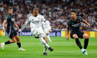 Kylian Mbappe of Real Madrid and William Saliba of Arsenal during the UEFA Champions League, Quarter-finals, 2nd leg football match between Real Madrid CF and Arsenal FC on 16 April 2025 at Santiago Bernabeu stadium in Madrid, Spain