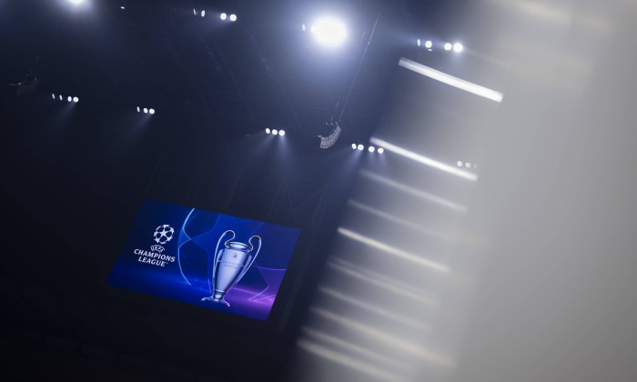 FC Internazionale v Club Atletico de Madrid - UEFA Champions League A giant screen displays the logo and the trophy of U