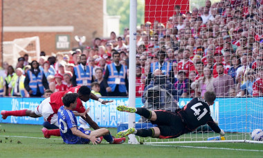 File photo dated 11-05-2025 of Nottingham Forest's Taiwo Awoniyi (left) and Leicester City's Facundo Buonanotte (second left) collide with the goal. Nottingham Forest striker Taiwo Awoniyi has been placed in an induced coma to aid his recovery from urgent