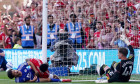File photo dated 11-05-2025 of Nottingham Forest's Taiwo Awoniyi (left) and Leicester City's Facundo Buonanotte (second left) collide with the goal post. Nottingham Forest striker Taiwo Awoniyi has been placed in an induced coma to aid his recovery from u