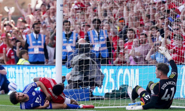 File photo dated 11-05-2025 of Nottingham Forest's Taiwo Awoniyi (left) and Leicester City's Facundo Buonanotte (second left) collide with the goal post. Nottingham Forest striker Taiwo Awoniyi has been placed in an induced coma to aid his recovery from u