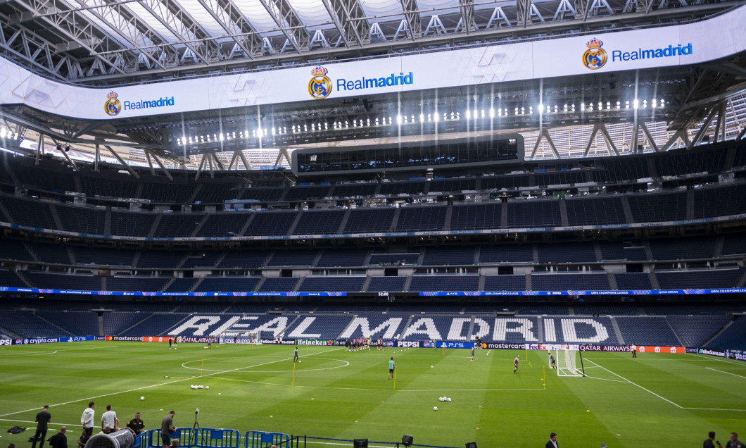 A general view of the empty stadium while Stuttgart players training during the VfB Stuttgart Pitch Walk and Press Conference ahead of their UEFA Champions League football match against Real Madrid at Estadio Santiago Bernabeu on September 16, 2024 in Mad