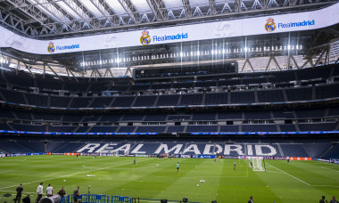 A general view of the empty stadium while Stuttgart players training during the VfB Stuttgart Pitch Walk and Press Conference ahead of their UEFA Champions League football match against Real Madrid at Estadio Santiago Bernabeu on September 16, 2024 in Mad