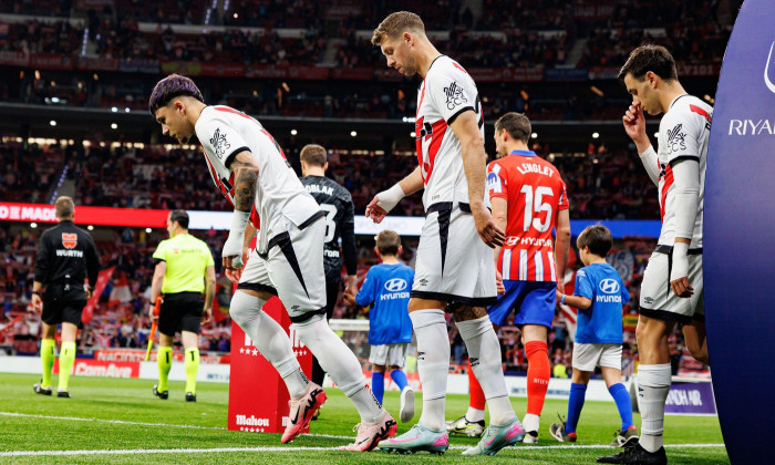 Andrei Ratiu, Florian Lejeune and Pedro Diaz seen during LaLiga EA SPORTS game between teams of Atletico de Madrid and Rayo Vallecano at Estadio Civit