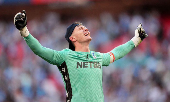 Crystal Palace goalkeeper Dean Henderson celebrates after the Emirates FA Cup final at Wembley Stadium, London. Picture date: Saturday May 17, 2025.