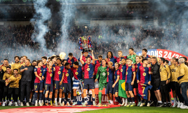 Robert LEWANDOWSKI of Barcelona, Hansi FLICK of Barcelona with Barcelona players celebrate the first place in the 2024-25 Spanish La Liga championship with the trophy during the Spanish championship La Liga football match between FC Barcelona and Villarre