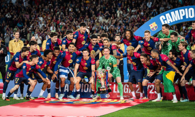Marc-Andre TER STEGEN of Barcelona with Barcelona players celebrate the first place in the 2024-25 Spanish La Liga championship with the trophy during the Spanish championship La Liga football match between FC Barcelona and Villarreal CF on 18 May 2025 at
