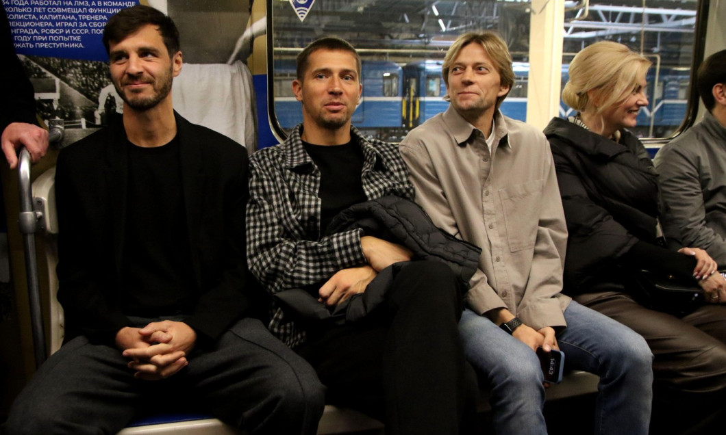 Saint Petersburg, Russia. 29th Apr, 2025. Aleksander Erokhin, Mikhail Kerzhakov and Anatoliy Tymoshchuk during the presentation of the subway train, the exterior and interior wallpapering of which is dedicated to the centenary of the Zenit football club i