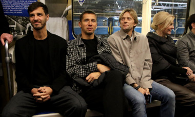 Saint Petersburg, Russia. 29th Apr, 2025. Aleksander Erokhin, Mikhail Kerzhakov and Anatoliy Tymoshchuk during the presentation of the subway train, the exterior and interior wallpapering of which is dedicated to the centenary of the Zenit football club i