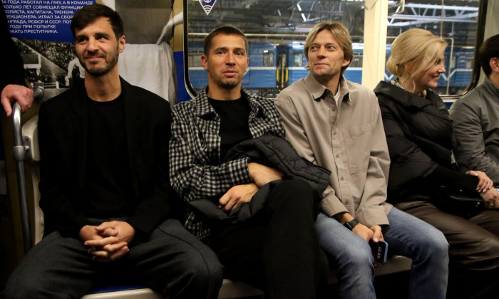 Saint Petersburg, Russia. 29th Apr, 2025. Aleksander Erokhin, Mikhail Kerzhakov and Anatoliy Tymoshchuk during the presentation of the subway train, the exterior and interior wallpapering of which is dedicated to the centenary of the Zenit football club i