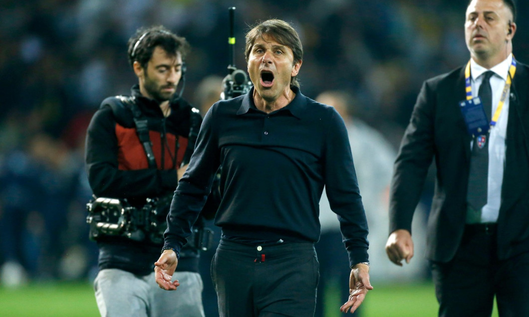 PARMA, ITALY - MAY 18: Antonio Conte Head Coach of SSC Napoli celebrates ,after the Serie A match between Parma Calcio and SSC Napoli at Stadio Ennio Tardini on May 18, 2025 in Parma, Italy. (Photo by MB Media)