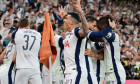 Pedro Porro of Tottenham Hotspur celebrates after the goal of Brennan Johnson (not visible) during the 2024/2025 Europa League Final football match between Tottenham Hotspur and Manchester United at San Mames stadium in Bilbao (Spain), May 21st, 2025.