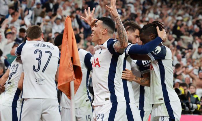 Pedro Porro of Tottenham Hotspur celebrates after the goal of Brennan Johnson (not visible) during the 2024/2025 Europa League Final football match between Tottenham Hotspur and Manchester United at San Mames stadium in Bilbao (Spain), May 21st, 2025.
