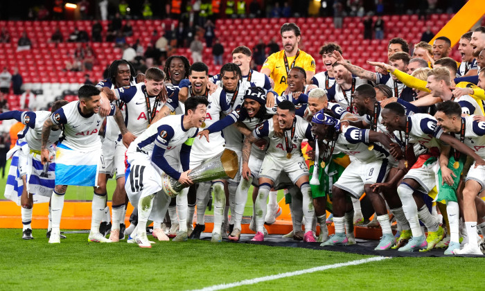 Tottenham Hotspur's Son Heung-Min lifts the trophy with team-mates following victory in the UEFA Europa League final at the Estadio de San Mames in Bilbao, Spain. Picture date: Wednesday May 21, 2025.