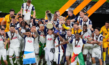 Tottenham Hotspur's Son Heung-Min lifts the Europa League trophy following his sides victory over Manchester United at the Estadio de San Mames, Bilbao, Spain. Picture date: Wednesday May 21, 2025.