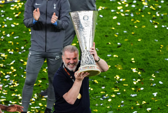 Tottenham Hotspur manager Ange Postecoglou lifts the Europa League trophy following his sides victory over Manchester United at the Estadio de San Mames, Bilbao, Spain. Picture date: Wednesday May 21, 2025.