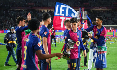 Barcelona, Spain. 19th May, 2025. Pau Victor of FC Barcelona celebrate after the match during the La Liga EA Sports match between FC Barcelona and Villarreal CF played at Lluis Companys Stadium on 18 May 2025 in Barcelona, Spain. (Photo by Sergio Ruiz/Ima