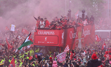 Liverpool, England, 26th May 2025. Liverpool players acknowledge the huge crowds during their open top bus parade to celebrate winning the English Premier League. Picture date: 26th May 2025. Picture credit should read: Cody Froggatt / Sportimage