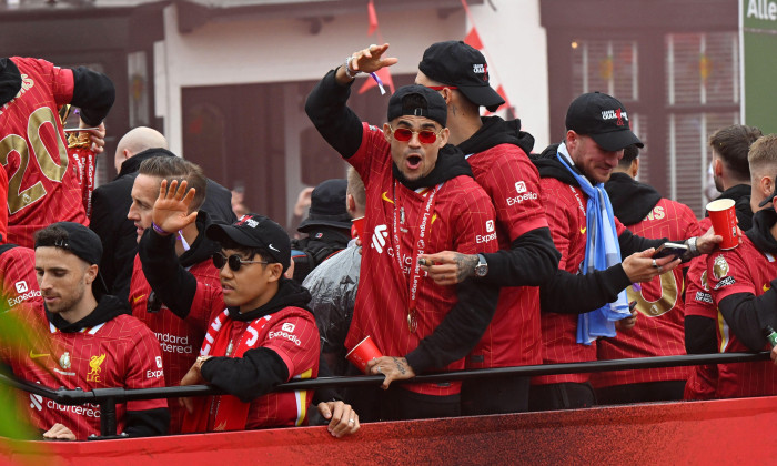 Liverpool, England, 26th May 2025. Diogo Jota, Wataru Endo, Luis Diaz and Alexis Mac Allister of Liverpool during their open top bus parade to celebrate winning the English Premier League. Picture date: 26th May 2025. Picture credit should read: Cody F