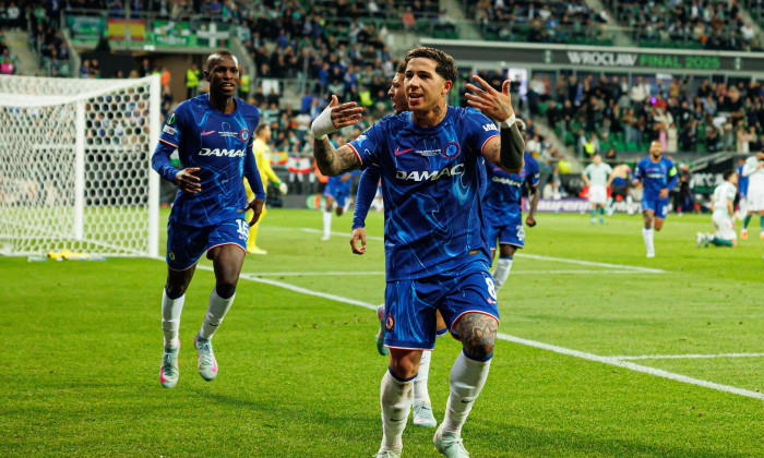 Players of Chelsea FC seen celebrating after goal from Enzo Fernandez during UEFA Conference League 2025 final game between Real Betis Balompie and Chelsea FC (Maciej Rogowski)