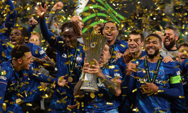 Wroclaw, Poland, 28th May 2025. Enzo Fernandez of Chelsea FC lifts the trophy as he celebrates with team mates following the 4-1 victory in the Real Betis vs Chelsea UEFA Conference League Final match at Stadion Wroclaw, Wroclaw. Picture credit should rea