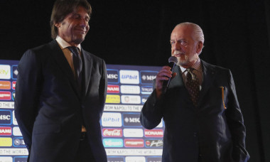 SSC Napoli President Aurelio de Laurentiis and Antonio Conte new head coach of SSC Napoli for the 2024-25 Serie A championship during the presentation press conference July, 26, 2024 at the court theatre of the royal palace